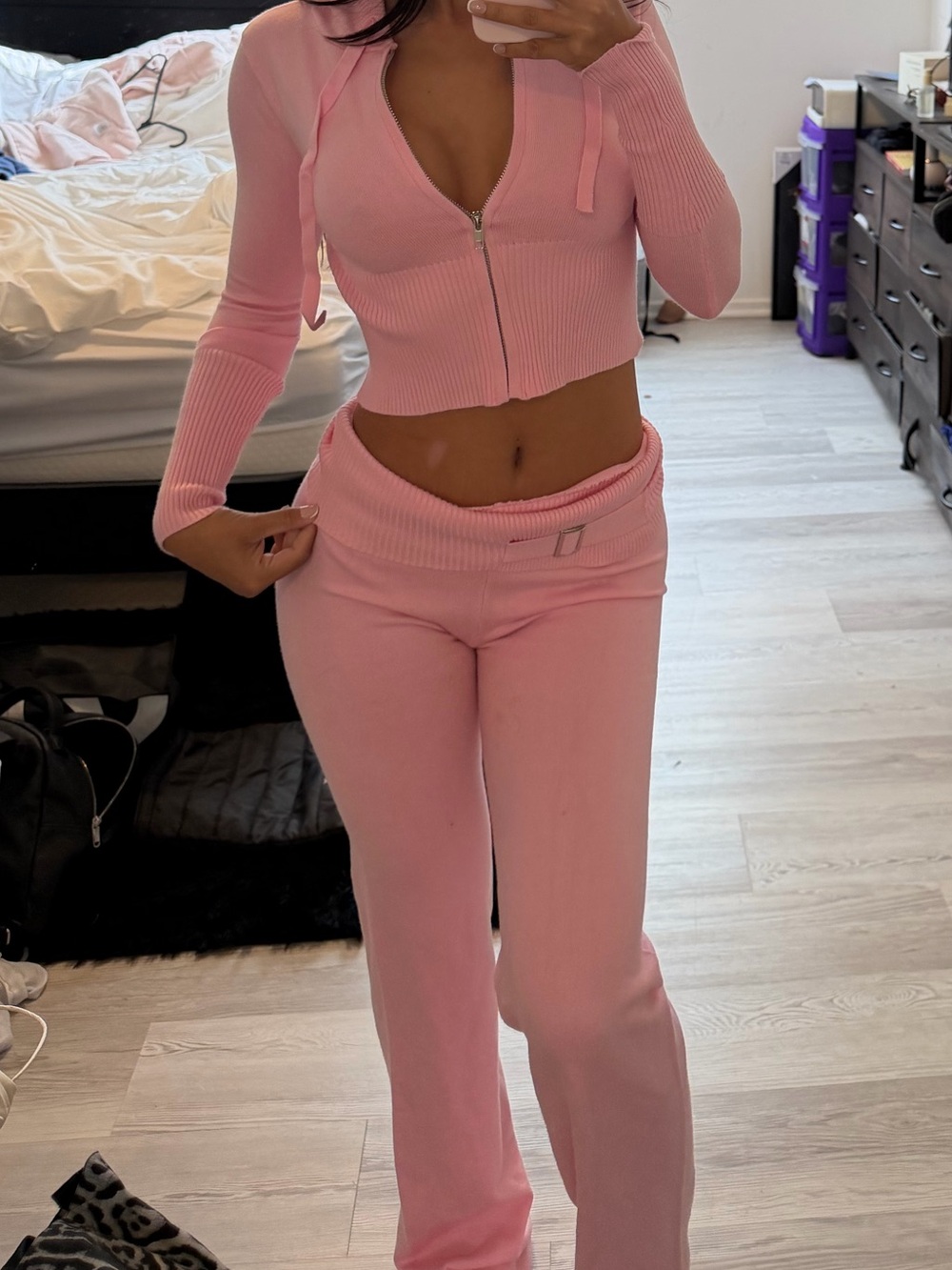 Pink Ribbed Zip-Up Crop Top & Flare Pants Set
